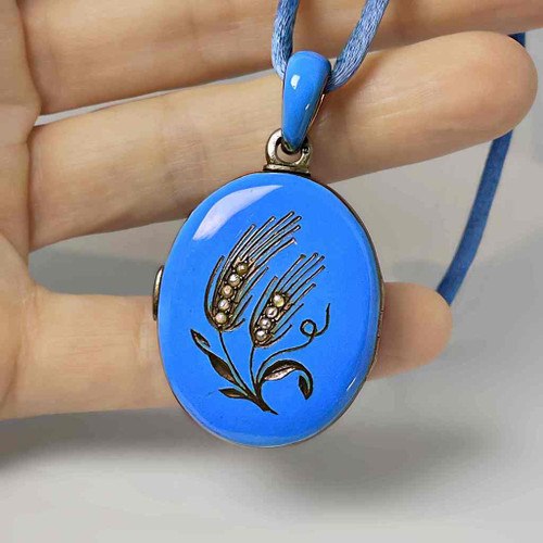 Big large 1880s Mourning Locket featuring Sky Blue Enamel and Wheat Sheaf Motif Natural Pearls