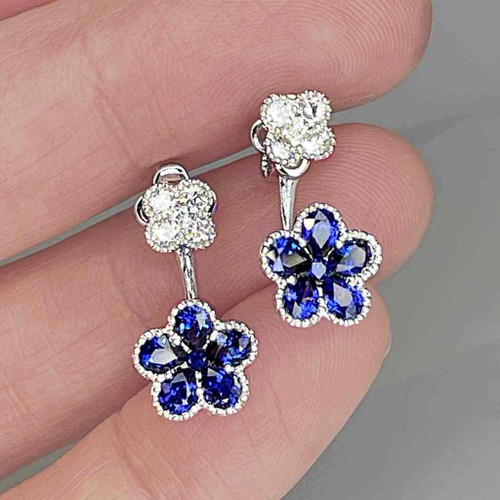 Velvety Deep Blue Sapphire Diamond Flower Earrings 18K Gold