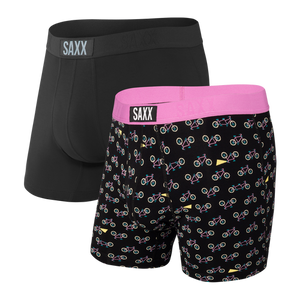Saxx Men's Boxer Brief, 2-PK, Vibe - 2 pack, one in Vibe Bicycle print and one in Black.