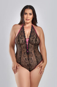 iCollection Halter Lace Teddy - size 1X - 3X front view in Magenta.