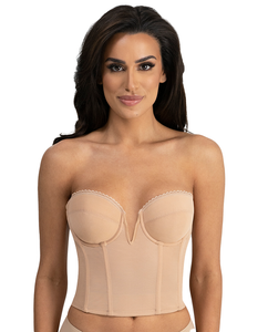 Dominique Valerie Strapless, Low Back Longline Bra, 6390 - front view in back view in Mocha.Mocha.