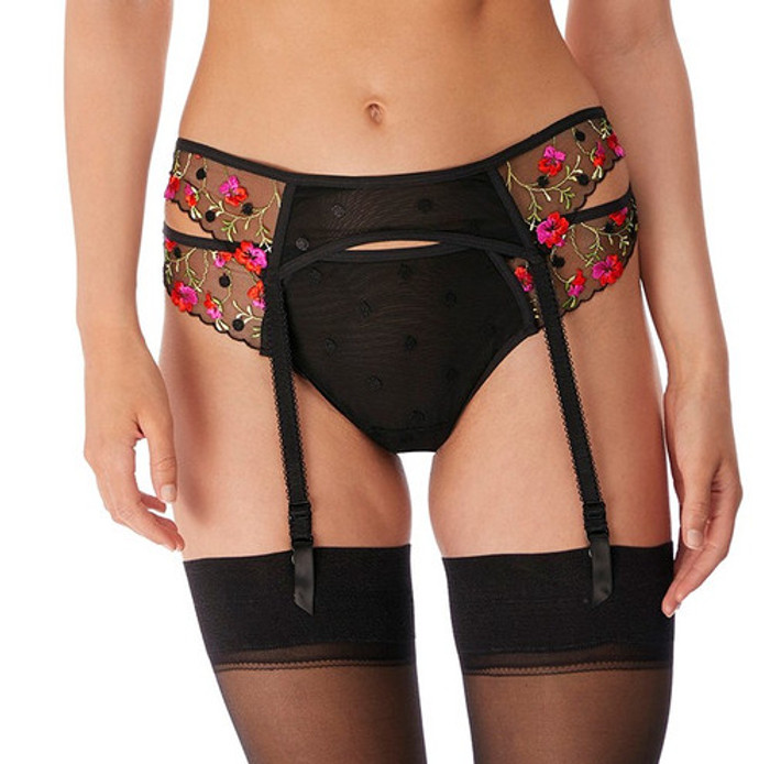 Freya Awakening Suspender - front view with Brazilian panty in black.