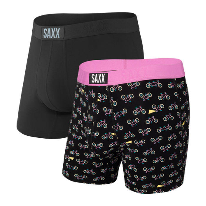 Saxx Men's Boxer Brief, 2-PK, Vibe - 2 pack, one in Vibe Bicycle print and one in Black.