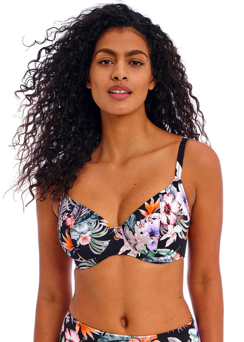 Freya Kamala Bay Plunge Bikini Top, AS205302, FINAL SALE - close-up in Midnight print.