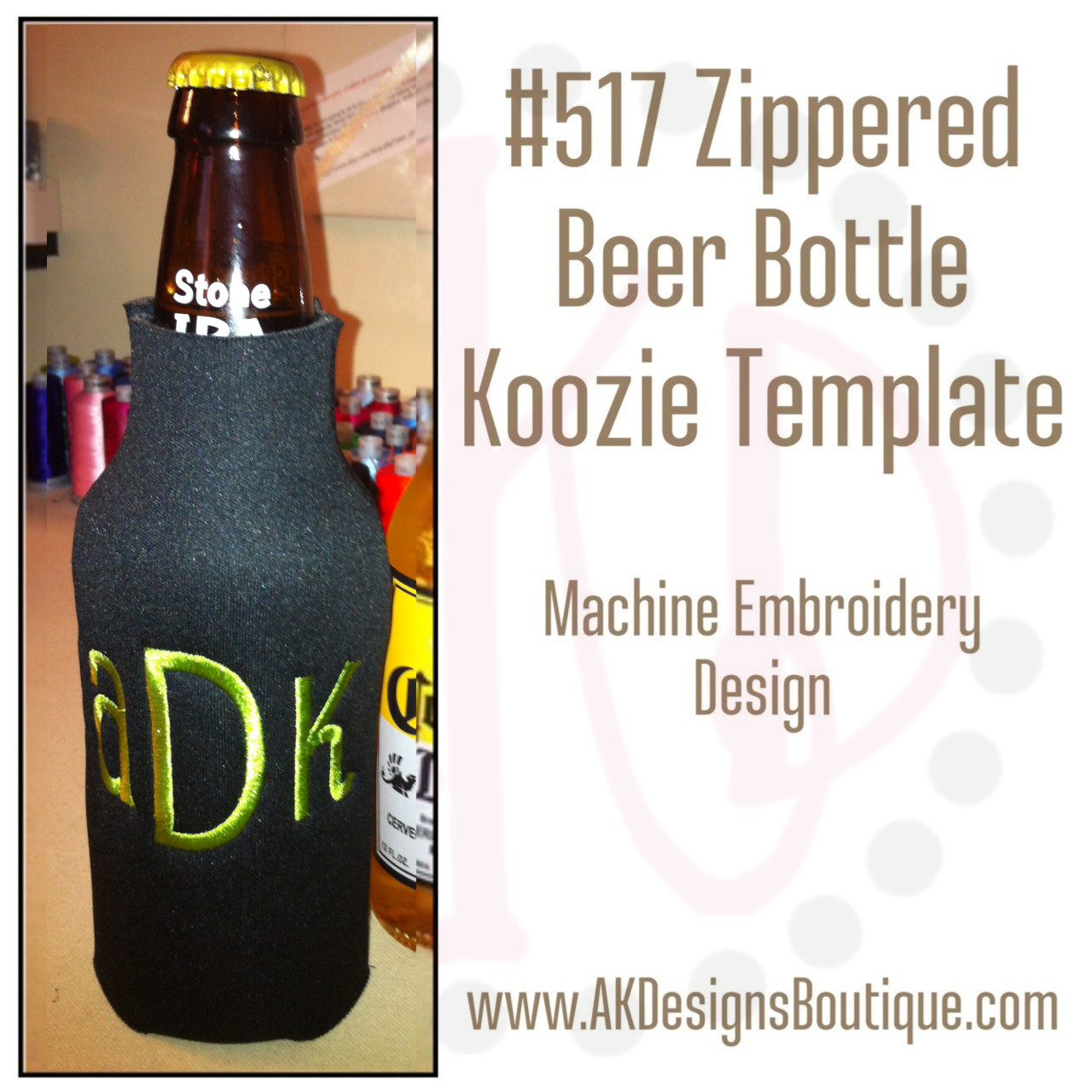 Wine Bottle Koozie with Zipper In The Hoop Template Embroidery Design