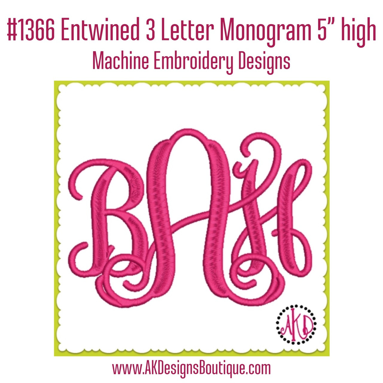 1366 Entwined or Vine 3 Letter Monogram Machine Embroidery Designs 5 inch