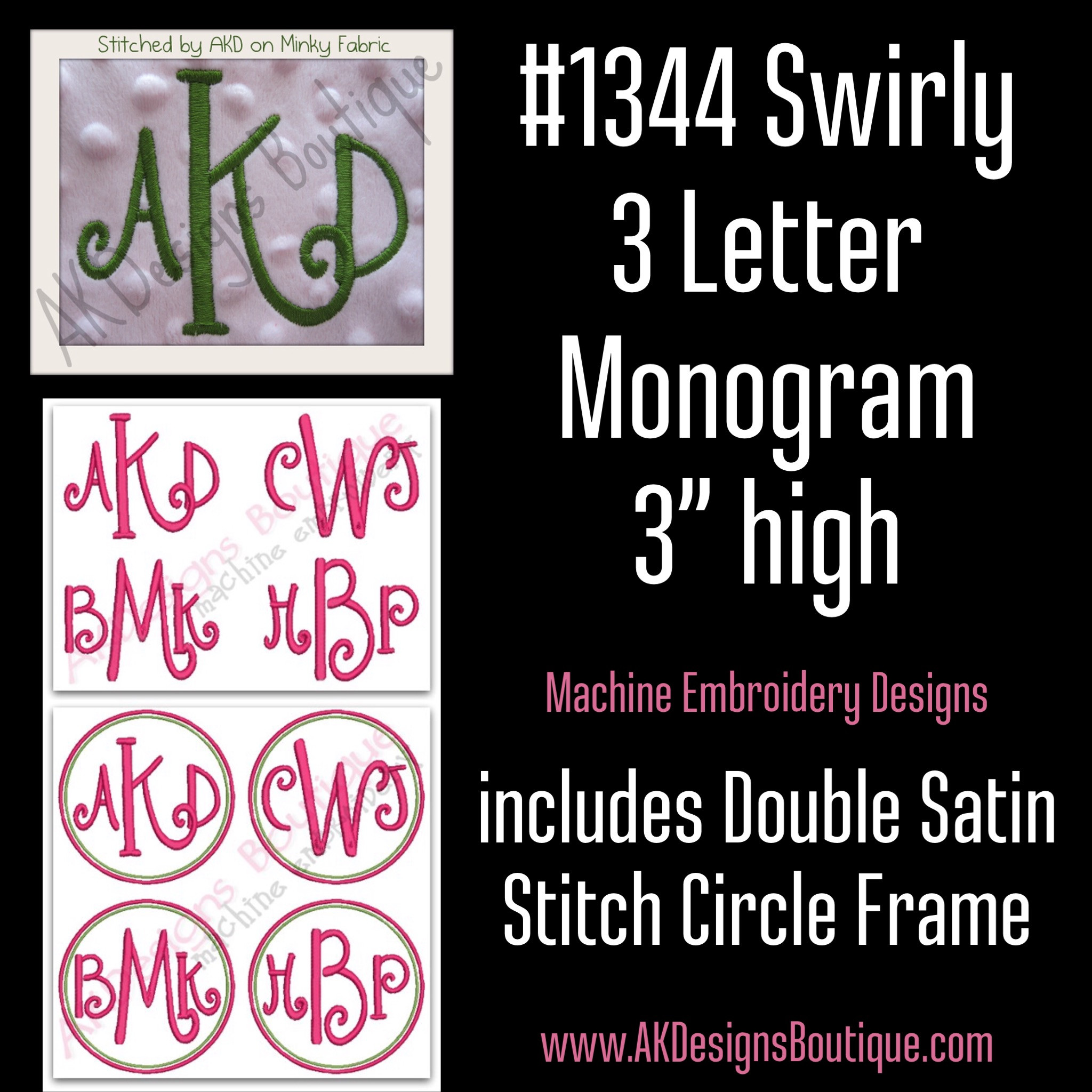 No 1344 Swirly 3 Letter Monogram Machine Embroidery Designs 3 inch high