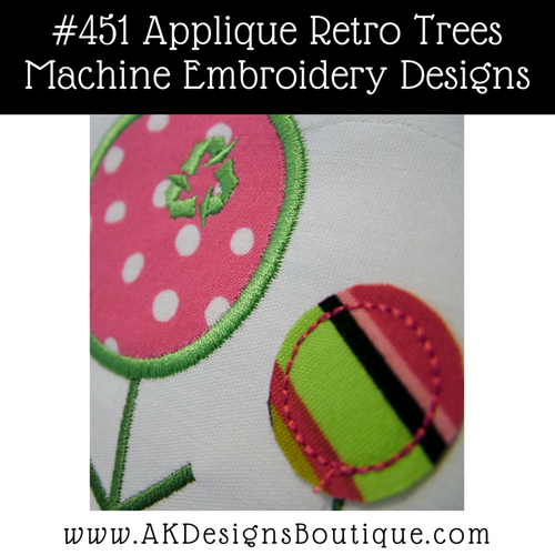 Picture of the stitch out includes the #3 satin stitch applique retro tree and #3 size recycle symbol from the #473 Recycle Symbol set [recycle symbols are not included in this set].