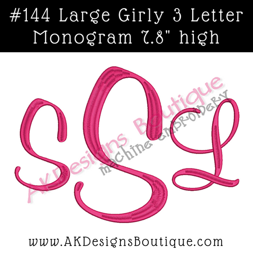 No 144 Large Girly 3 Letter Monogram Font Machine Embroidery Designs 7.8 inch high