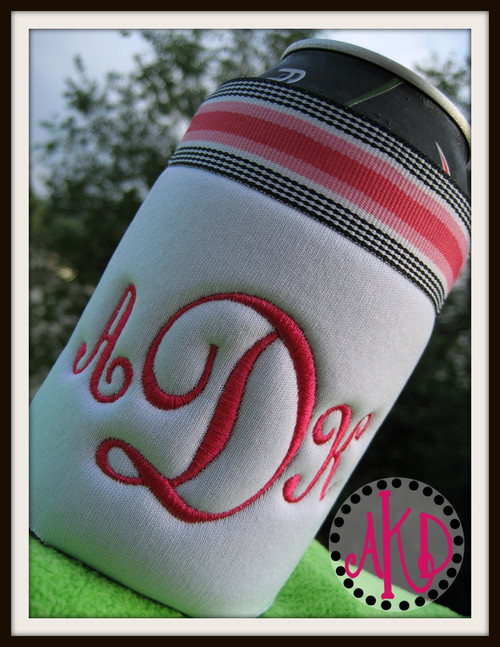 Our #351 Classic Script 3 Letter Monogram Machine Embroidery Designs 2 inch high stitched along with our #510 Can Koozie Template to make an adorable koozie!!