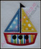 Example of the Satin Stitch Sailboat with fabric.
Madeira Thread Colors Used:
#1683 Yellow
#1747 Red
#1775 Blue
#1800 Black