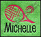 Example of #1383 Reese Font & Monogram 1 1/2 inch high stitched on a Lime Green Towel [one of our Blank Sports Towels] with our large #461 Racquet and Ball Tennis Design