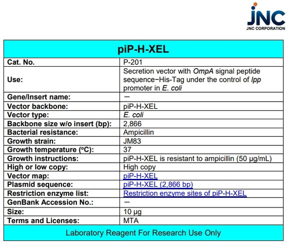 piP-H-XEL (Secretion vector with OmpA signal peptide sequence-His-Tag under the control of lpp promoter in E. coli)