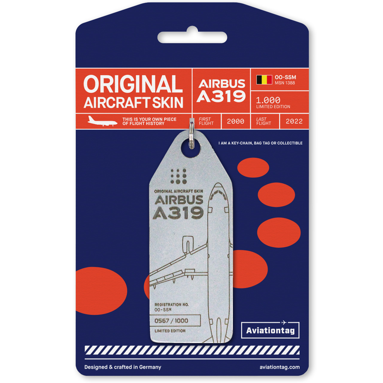 AviationTag Airbus A319 Keychain - OO-SSM - Grey 