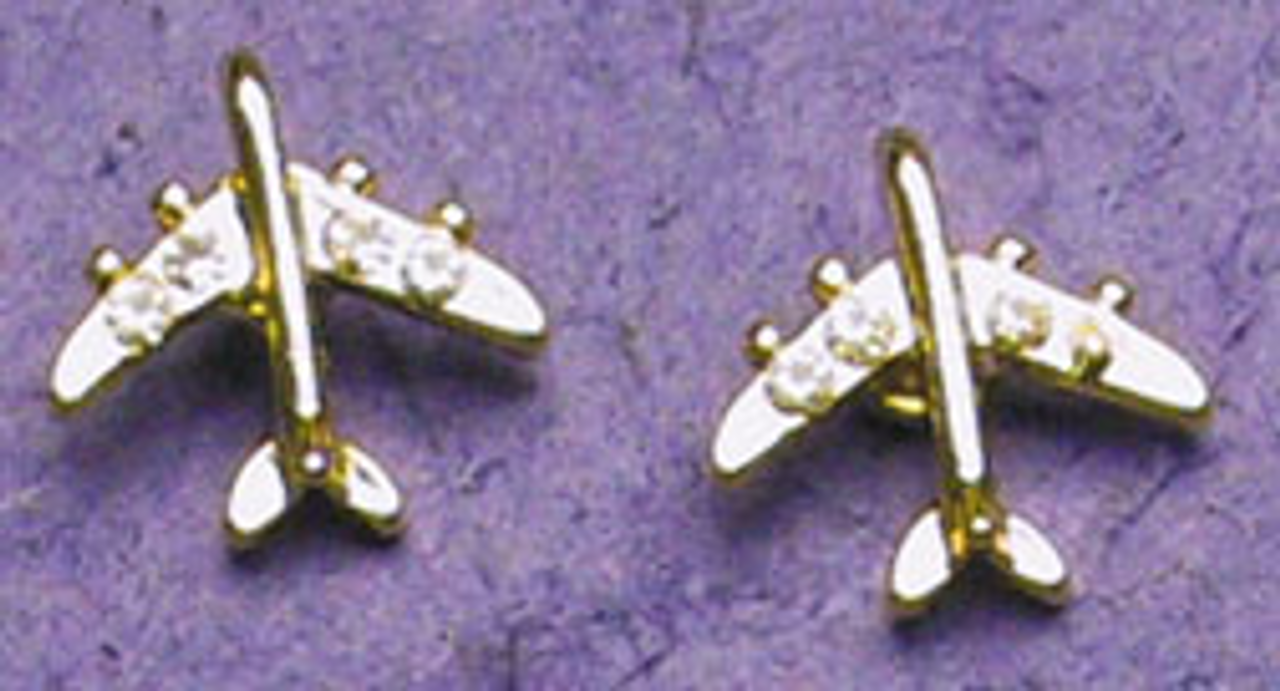 Earrings - Gold-tone Plane with Rhinestones