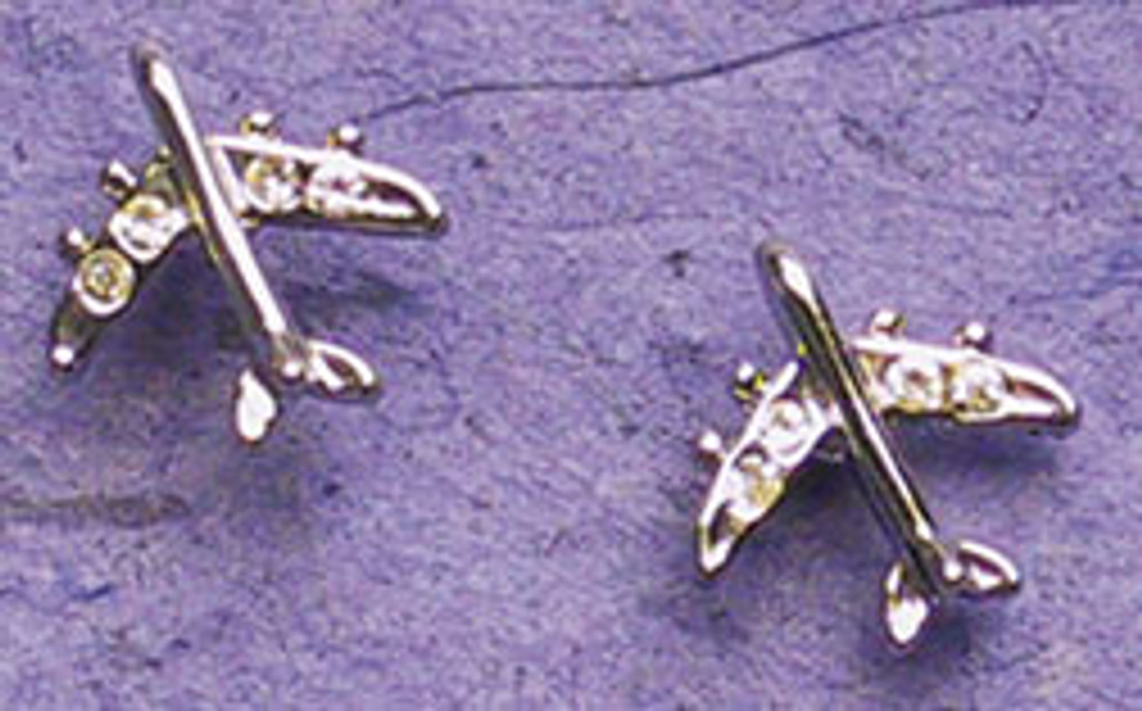 Earrings - Silver-tone Plane with Rhinestones