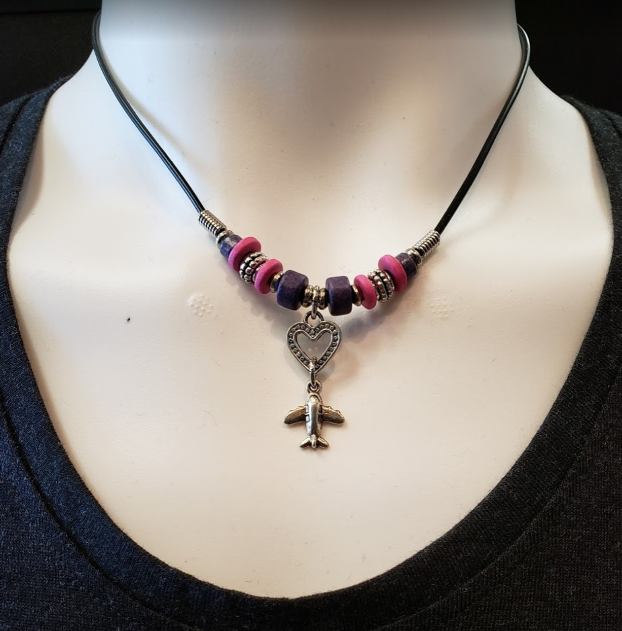 Necklace - Heart airplane (purple and pink)
