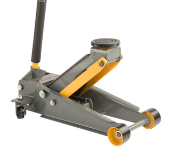 Close-up of Winntec professional garage jack body with lifting saddle and wheels