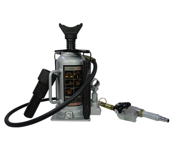 Moore-Safe 20 ton air bottle jack shown on a white background with the Y head attached on top and the air control hose extended to the side. The product photo highlights the compact bottle jack body and lifting setup for heavy vehicle service.