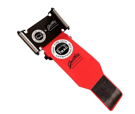 Angled product view of the Gaither Tool Co., Inc. TRAC Tire Jack with Roller Plate on a white background.