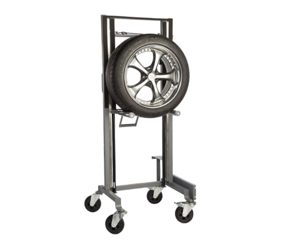 Gaither Tool Co., Inc. Winntec Wheel Assist Gen 2 holding a wheel assembly, designed to lift and move heavy tires for easier removal and installation.