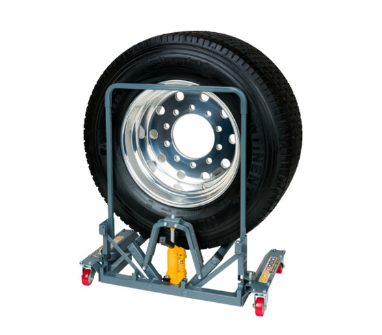 Gaither Winntec SAFERGO truck wheel dolly lifting a heavy truck wheel