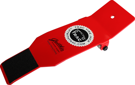 Angled view of the red Gaither Tool Co., Inc. TRAC Tire Jack for Heavy Wheel Handling.