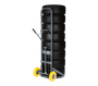 Product shot of the Smart Cart Automatic Tire Cart holding a tall stack of tires on a black frame with bright yellow wheels. The cart is shown fully loaded to emphasize its high capacity tire handling.