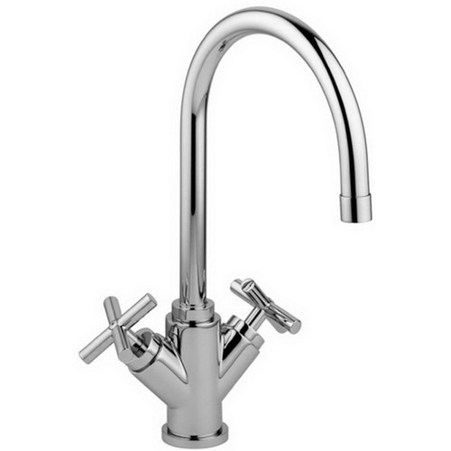Quattro Kitchen Sink Mixer 1 Hole 2 Cross Handle 186mm Swivel Tubular Spout Deck Mount Chrome Plated