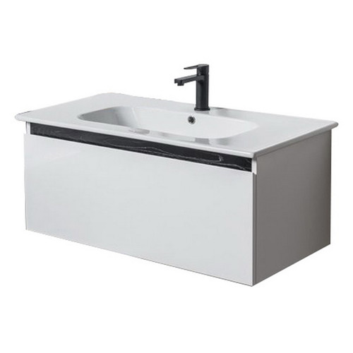 Qubo Wall Hung Vanity 1 Drawer Contrasting Rail with White/Timber Veneer 910 x 415 x 470mm