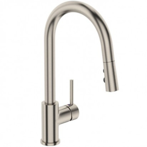 Uno Goose Neck Kitchen Mixer with Pull Out Spray Brushed Nickel