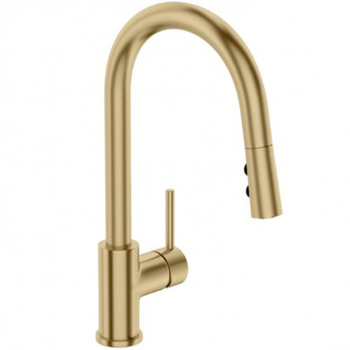 Uno Goose Neck Kitchen Mixer with Pull Out Spray Brushed Brass