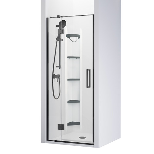 Main Image Evora Alcove 3 SIded Shower Pivot Door 900 x 900mm Black Corner Contour plus Wall Centre Waste
