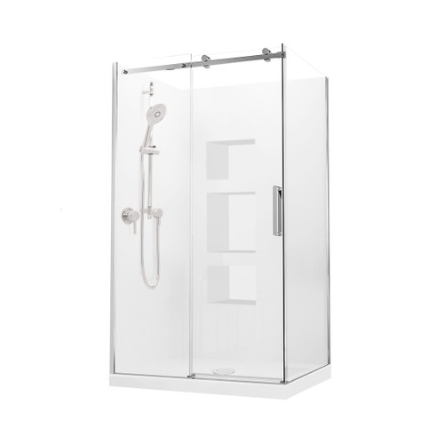 Evora Square Corner Shower Sliding Door 1200 x 900mm Metallic Side Recessed Wall Right Hand Centre Waste