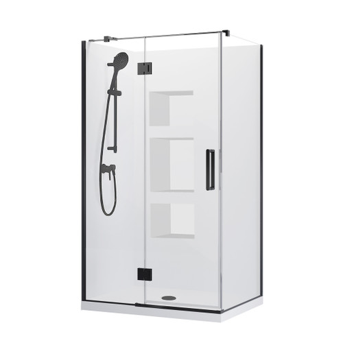 Main Image Evora Square Corner Shower Pivot Door 1200 x 900mm Black Side Recessed Wall Right Hand Centre Waste