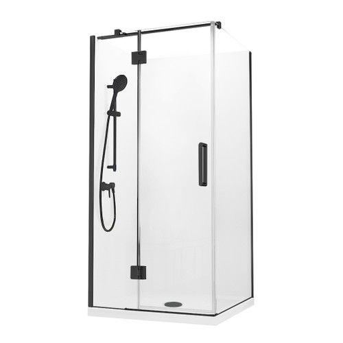 Evora Square Corner Shower Pivot Door 900 x 900mm Black Flat Wall Centre Waste