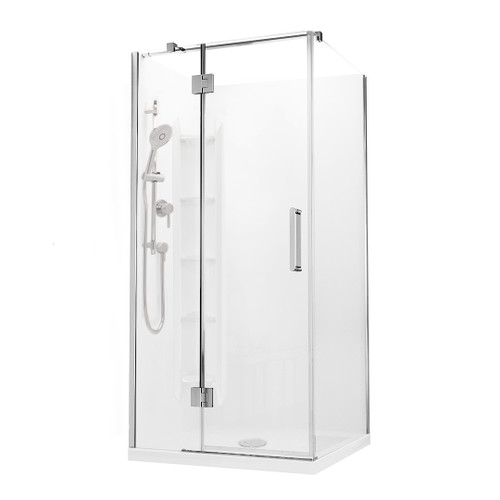 Evora Square Corner Shower Pivot Door 900 x 900mm Metallic Corner Contour plus Wall Centre Waste