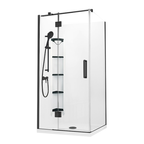 Evora Square Corner Shower Pivot Door 900 x 900mm Black Corner Contour plus Wall Rear Waste