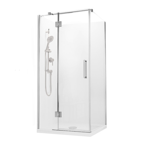 Evora Square Corner Shower Pivot Door 900 x 900mm Metallic Flat Wall Rear Waste