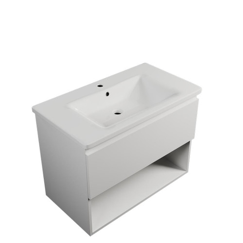 Carlton Wall Hung Vanity 1 Drawer Open Shelf 800mm White Gloss