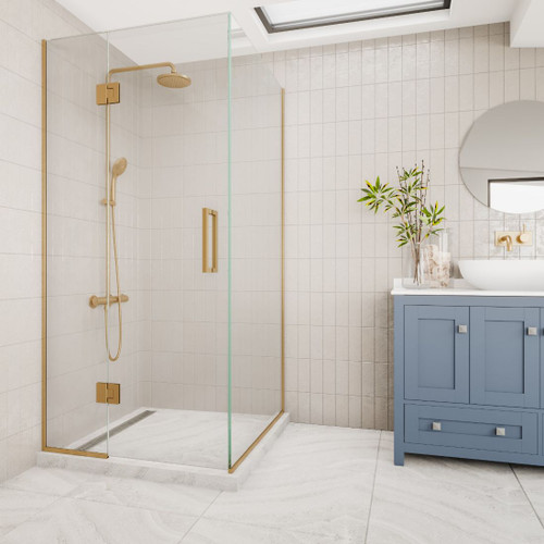 Apex Hinged Corner Tile Channel Waste 900 x 900 x 2040mm Brushed Brass