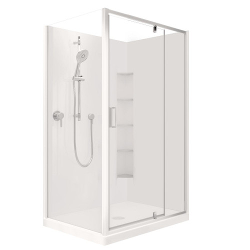 Valencia Elite Pivot Door Shower Left Corner 1200 x 900mm Corner Contour Plus Centre Waste Satin Silver Trim