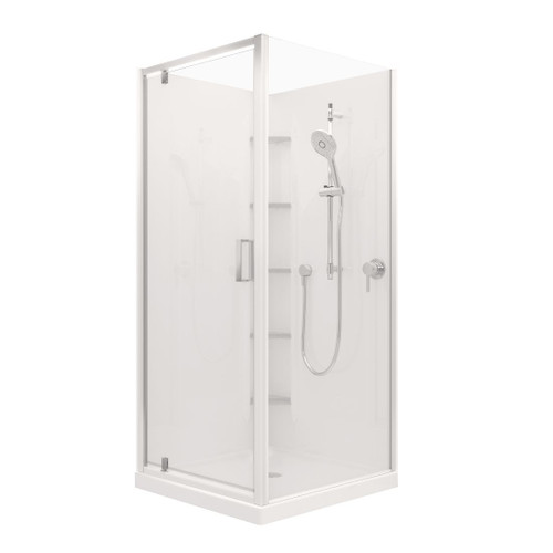 Valencia Elite Pivot Door Shower Square Corner 900 x 900mm Corner Contour Plus Centre Waste Satin Silver Trim
