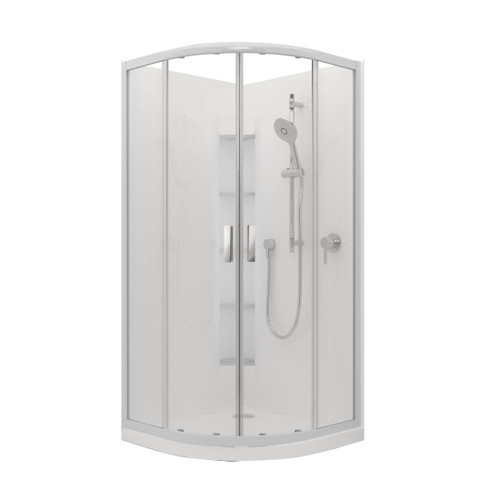 Valencia Elite Sliding Door Shower Round Corner 900 x 900mm Corner Contour Plus Rear Waste Satin Silver Trim