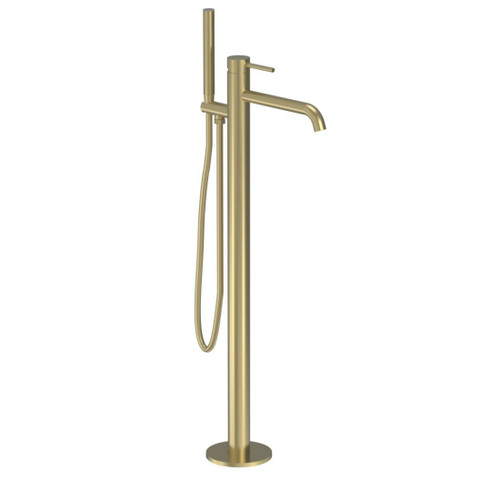Tube Floor Mount Bath Filler With Hand Shower Brushed Brass
