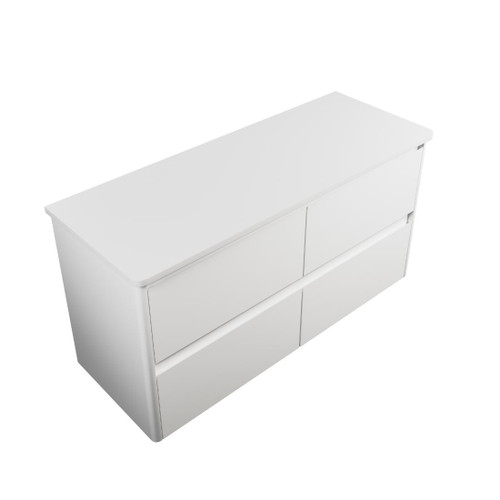 Crawford Wall Hung Vanity 1200mm 4 Drawer Double Bowl Matte White Solid Surface Top