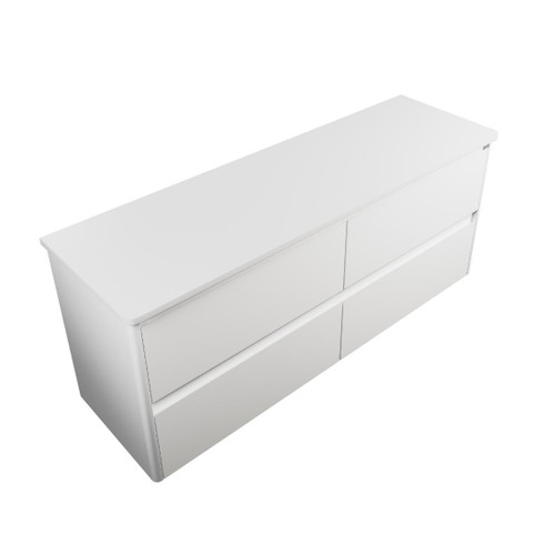 Crawford Wall Hung Vanity 1500mm 4 Drawer Double Bowl Matte White Solid Surface Top