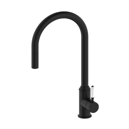 York Pull Out Sink Mixer With Vegie Spray Function With White Porcelain Lever Matte Black