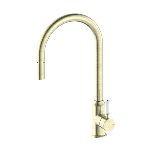York Pull Out Sink Mixer With Vegie Spray Function With White Porcelain Lever Aged Brass
