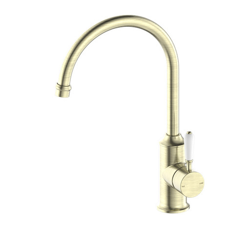 York Kitchen Mixer Gooseneck Spout Aged Brass With White Porcelain Lever